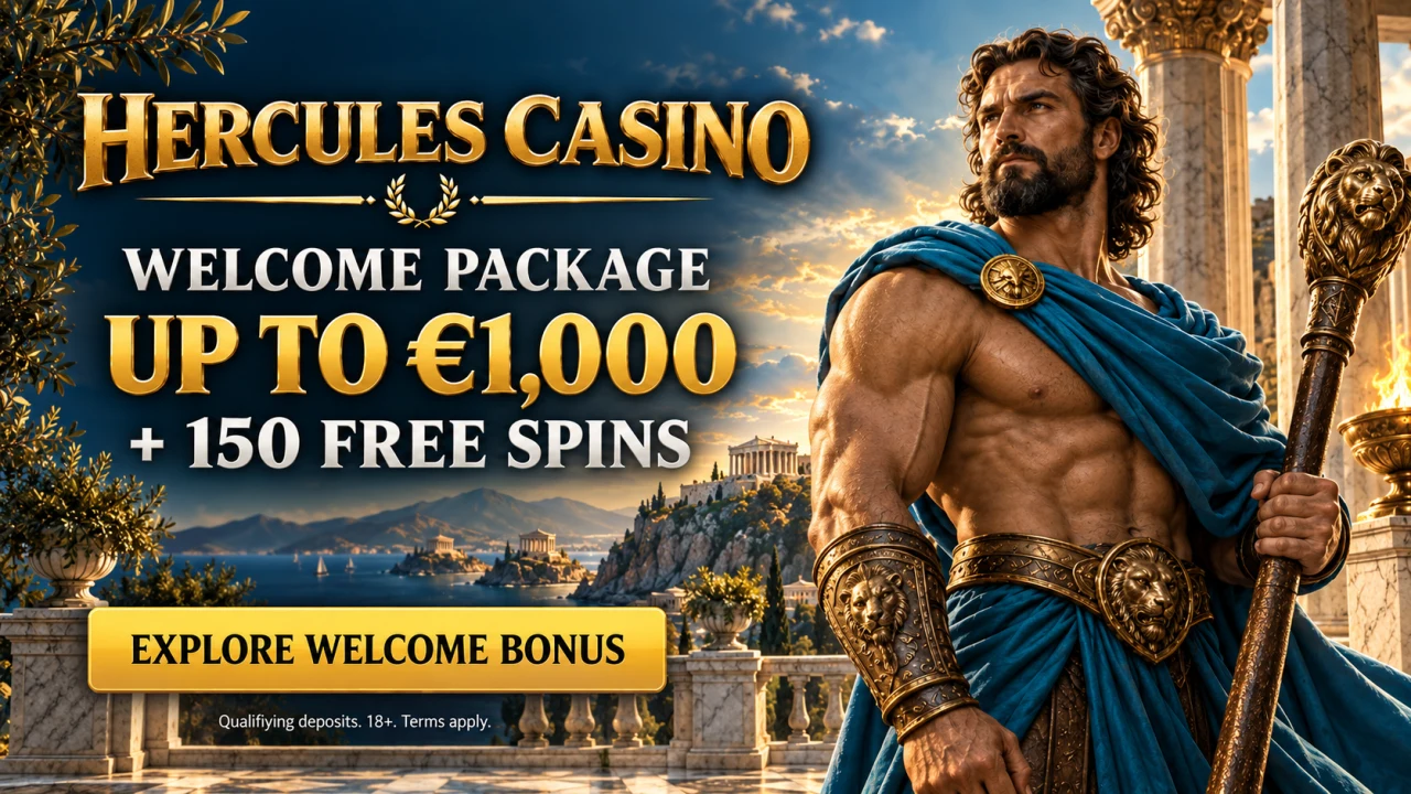 Hercules Casino welcome package up to €1,000 plus 150 free spins; qualifying deposits and terms apply.